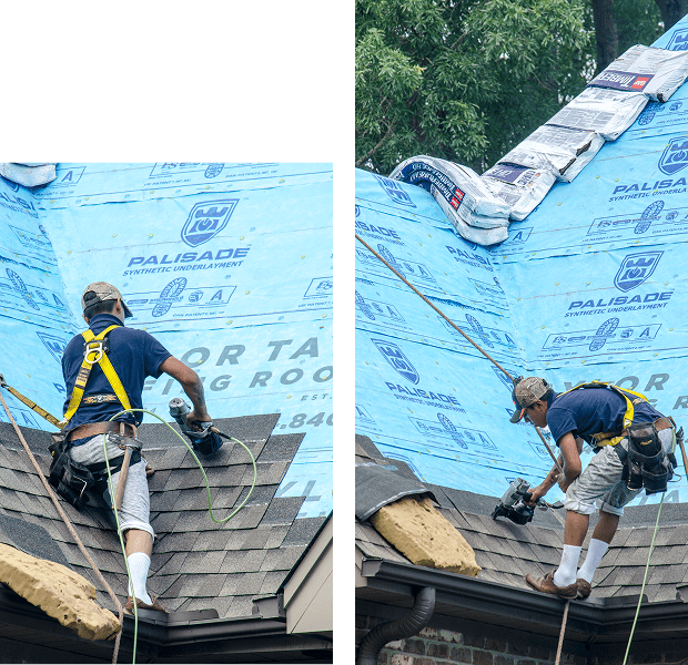 Worker securing shingles with tools