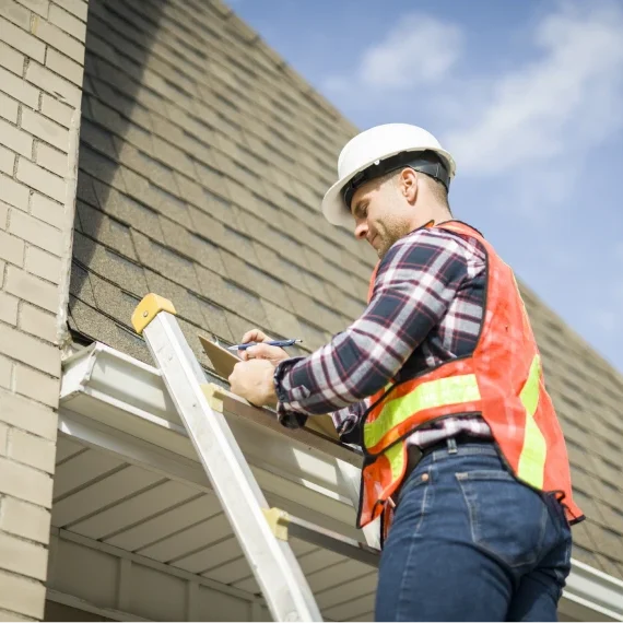Man in safety gear on ladder
